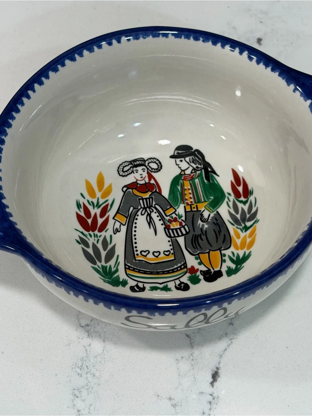 Any one named Sally? Ceramic Serving Bowl - Blue and White Vintage